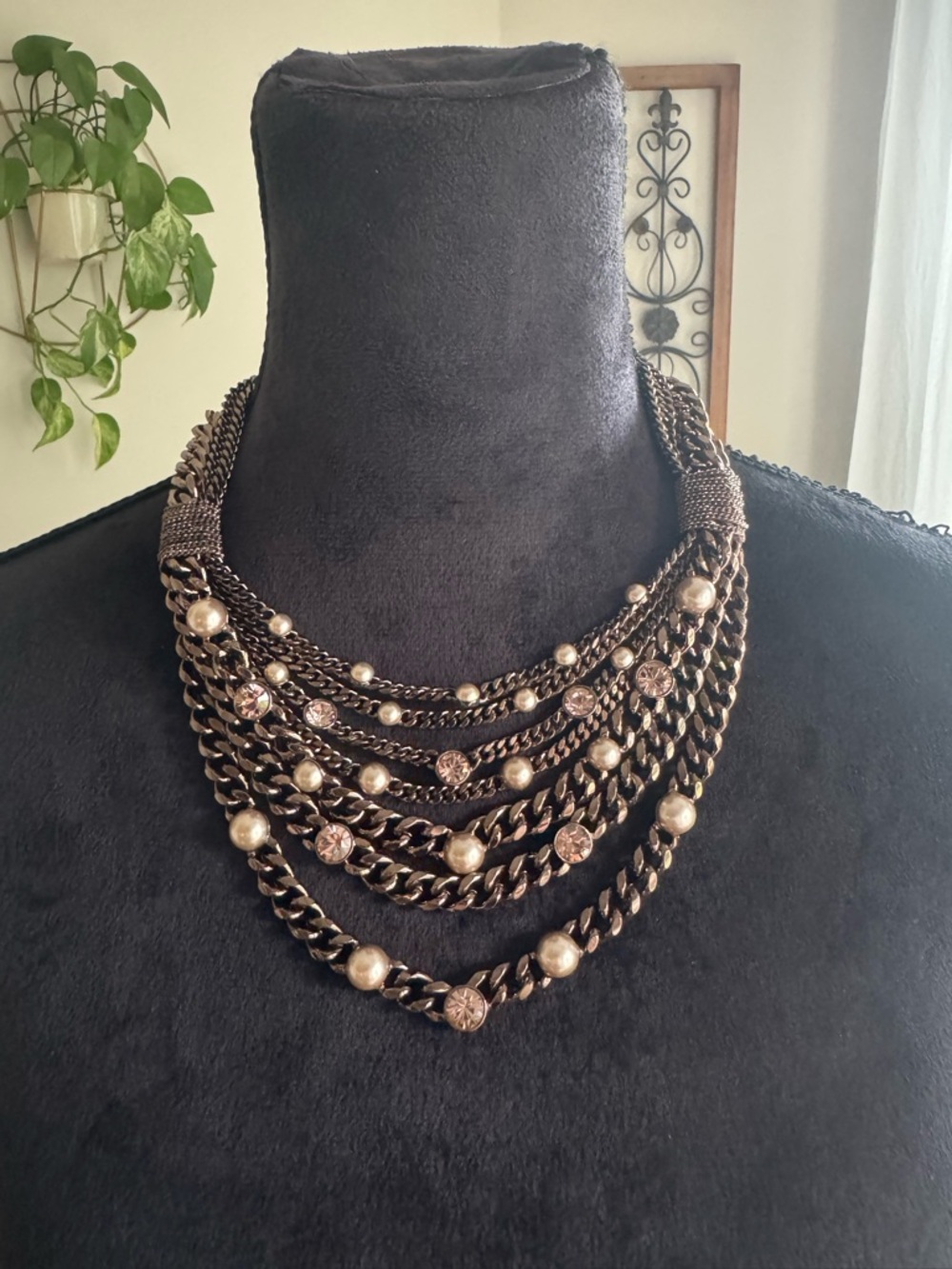 Givenchy Multi-Strand Gunmetal Necklace with Pearls and Crystals
